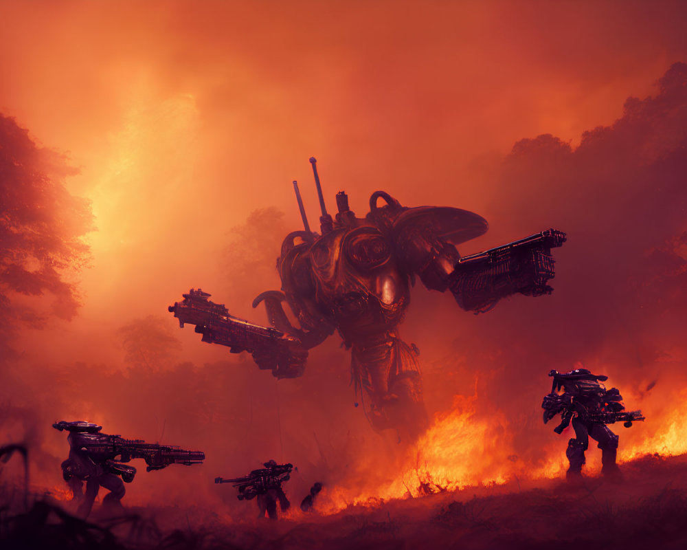 Soldiers and robotic creature in fiery futuristic battle landscape