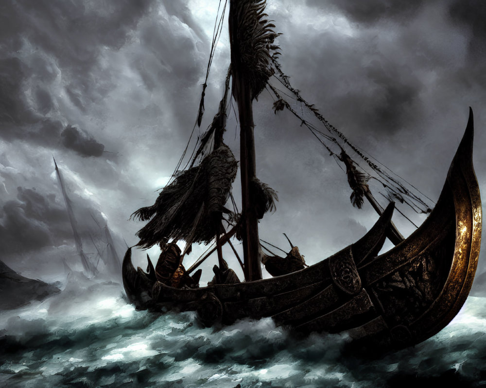 Viking longship navigating stormy seas with lightning and shipwrecks