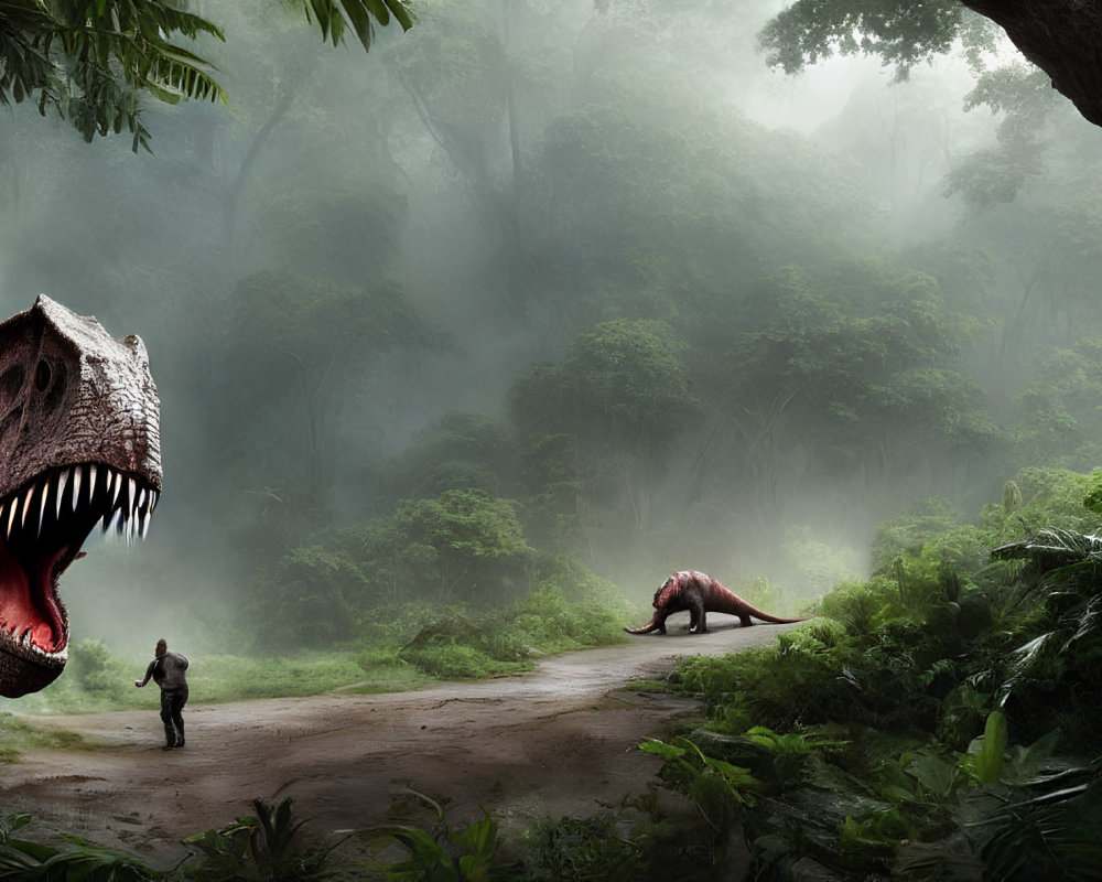 Encounter: Person confronts giant dinosaur in misty jungle