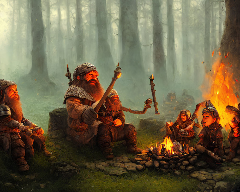 Dwarves resting by campfire in misty forest with standing dwarf holding staff