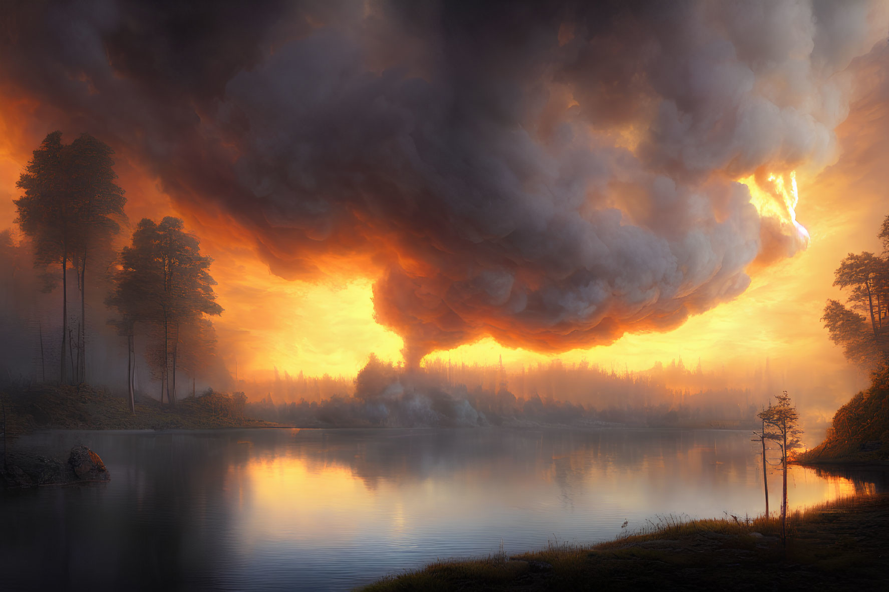 Dramatic scene: fiery sky, voluminous clouds, tranquil lake, trees