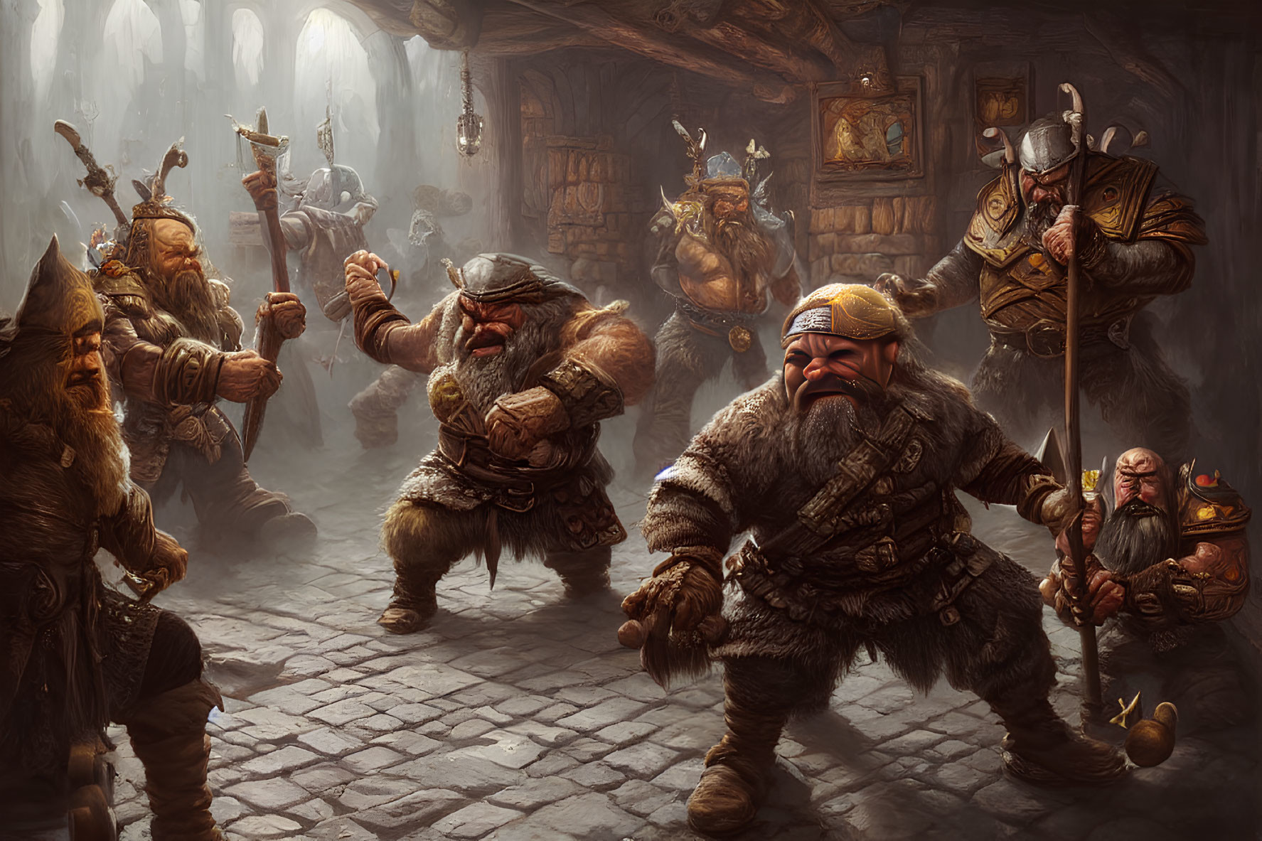 Fierce dwarves in battle gear prepare for conflict in a torch-lit tavern