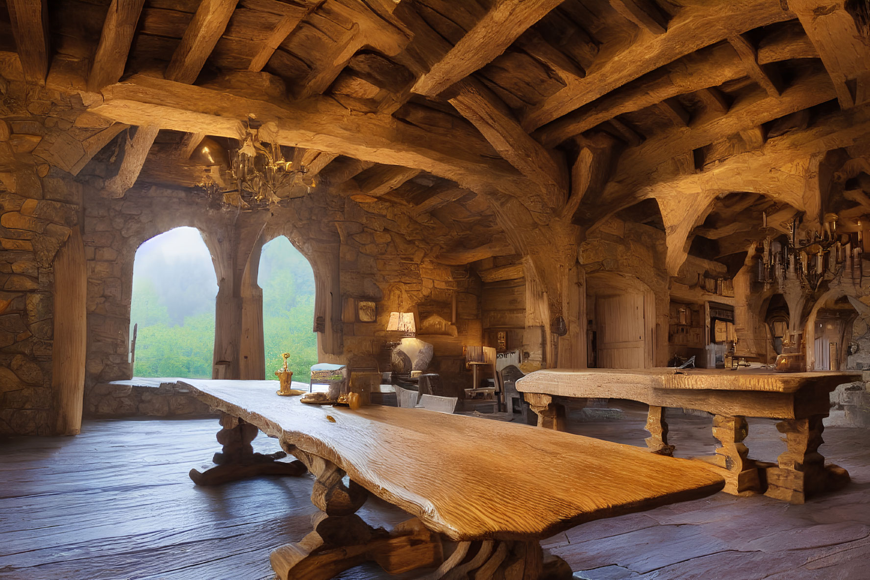 Medieval-style Hall with Stone Walls and Wooden Arched Ceiling