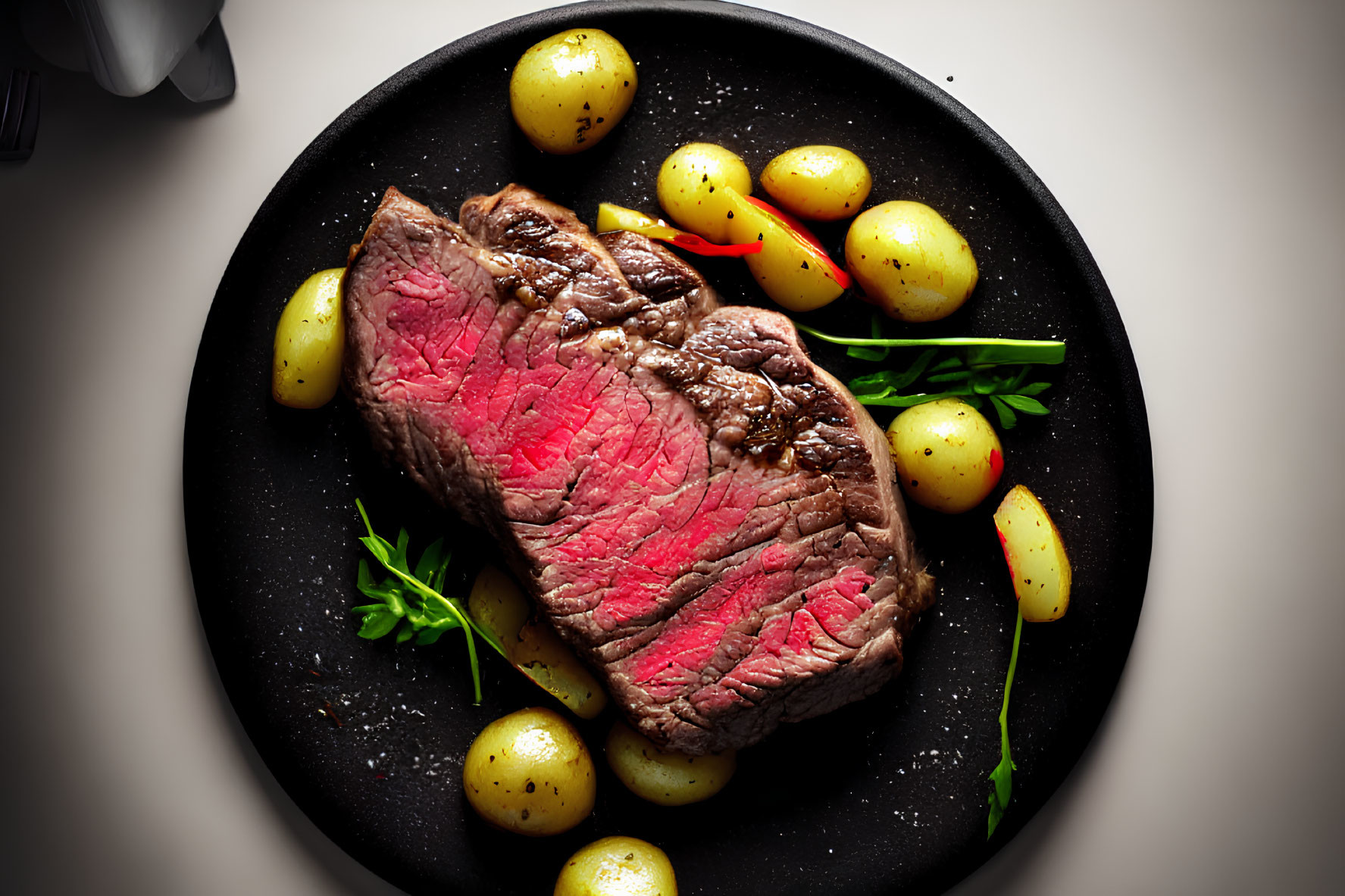 Sliced Medium-Rare Steak on Black Plate with Baby Potatoes & Herbs