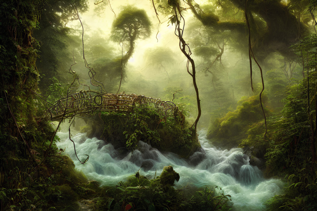 Enchanting forest scene with wooden bridge and rushing stream