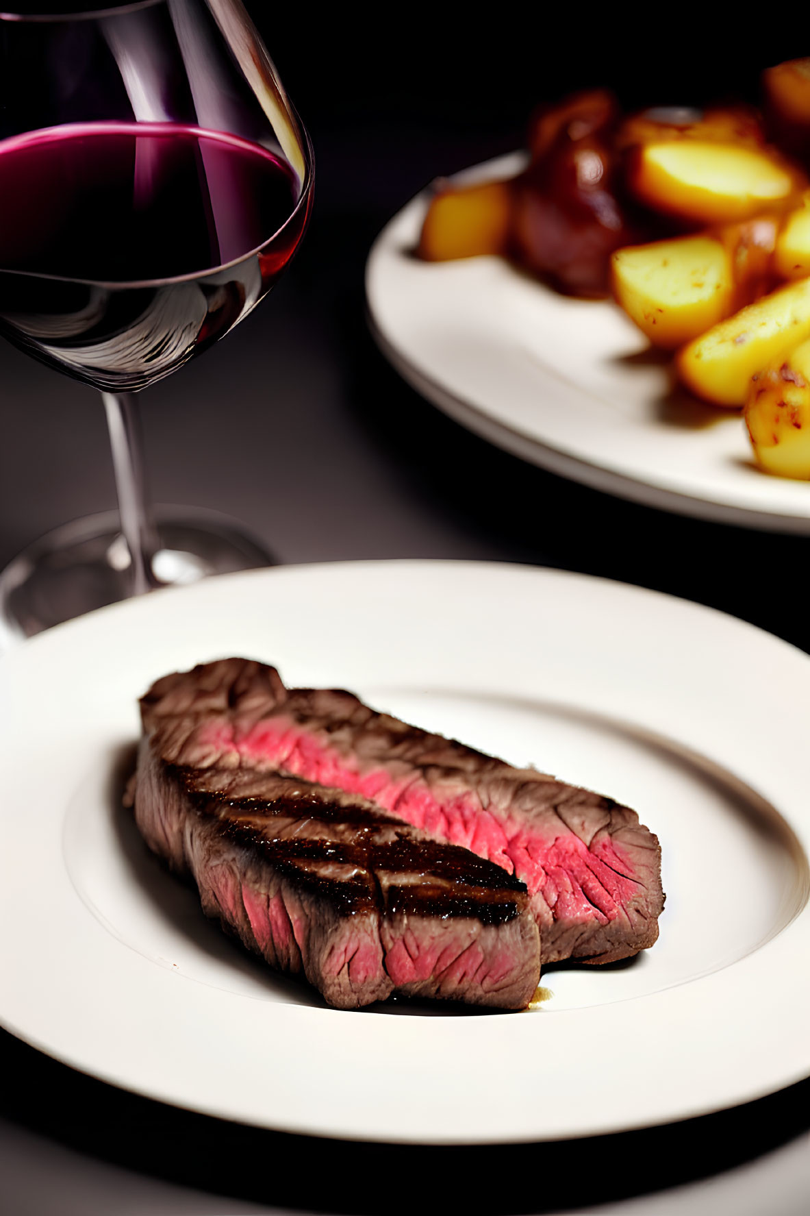 Juicy medium-rare steak with grill marks, red wine, and roasted potatoes on white plate