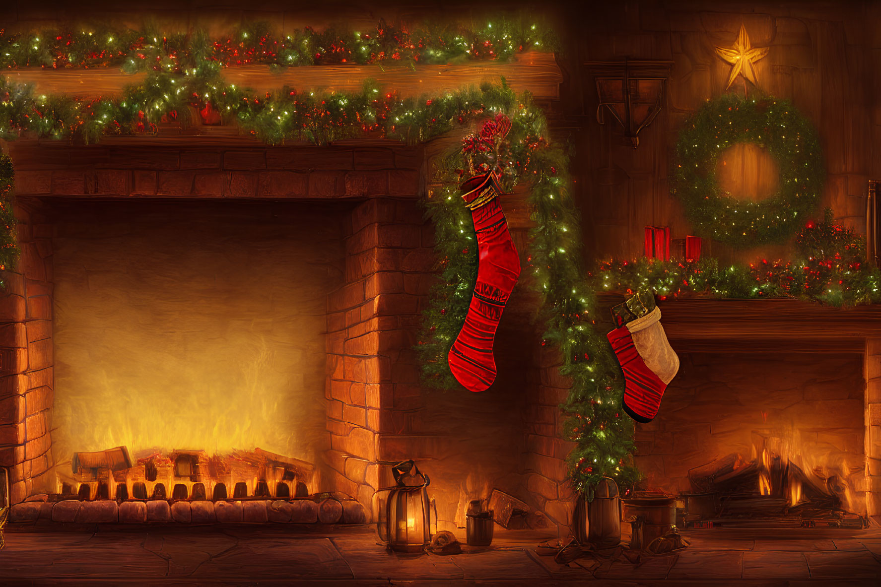 Festive Christmas scene with stockings, wreath, and fireplace