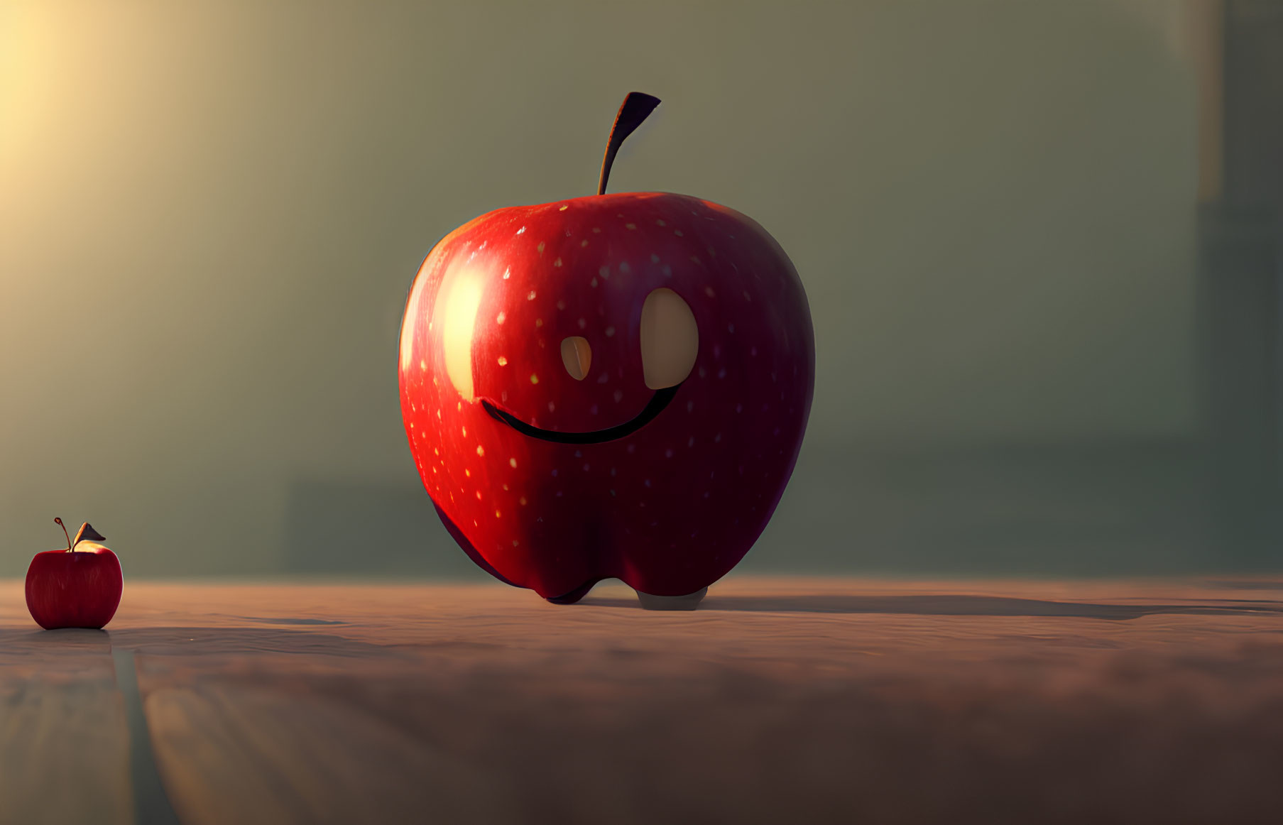 Red Smiley Face Apple and Mini Replica on Wooden Surface