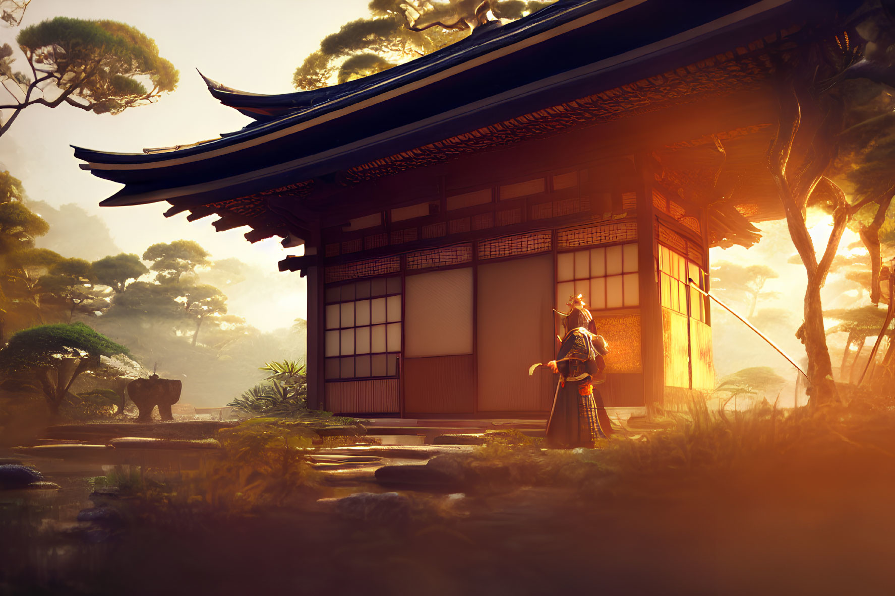 Traditional Japanese house with samurai in serene garden