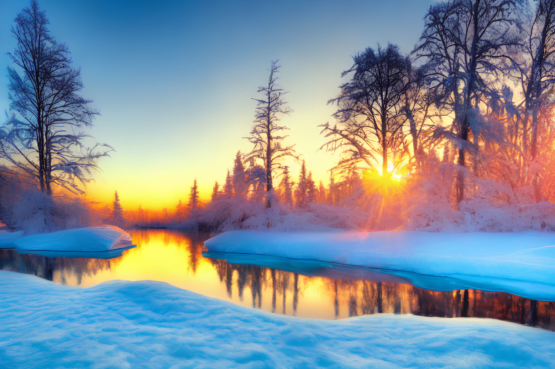 Tranquil snowy landscape with sunset reflection on river