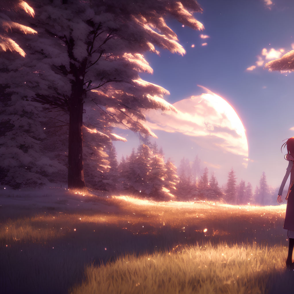 Twilight landscape with crescent moon, glowing grass, and girl admiring view