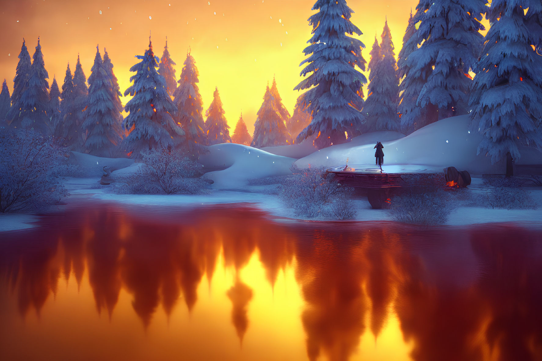 Person on Dock Gazes at Snowy Pine Forest Sunset