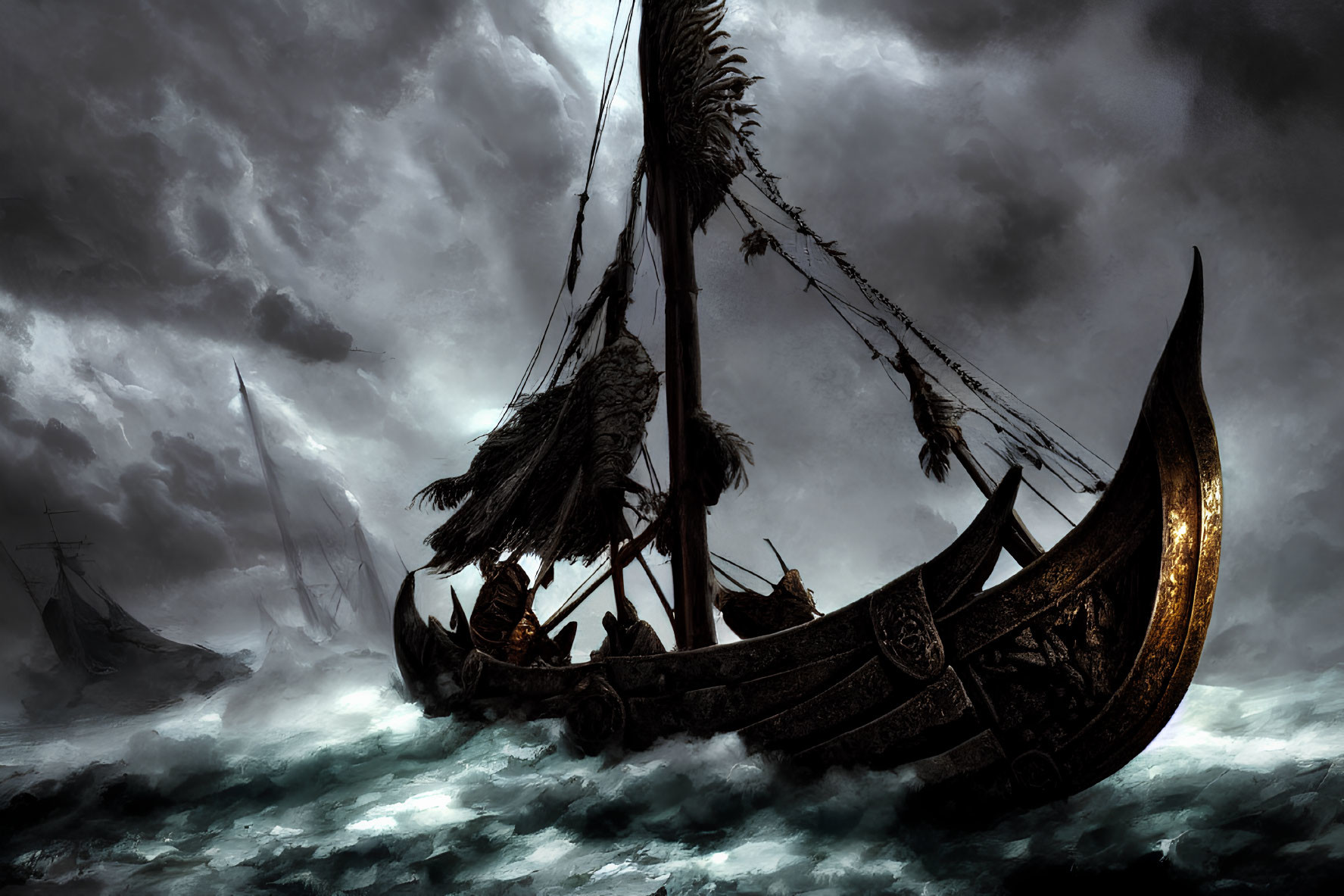 Viking longship navigating stormy seas with lightning and shipwrecks