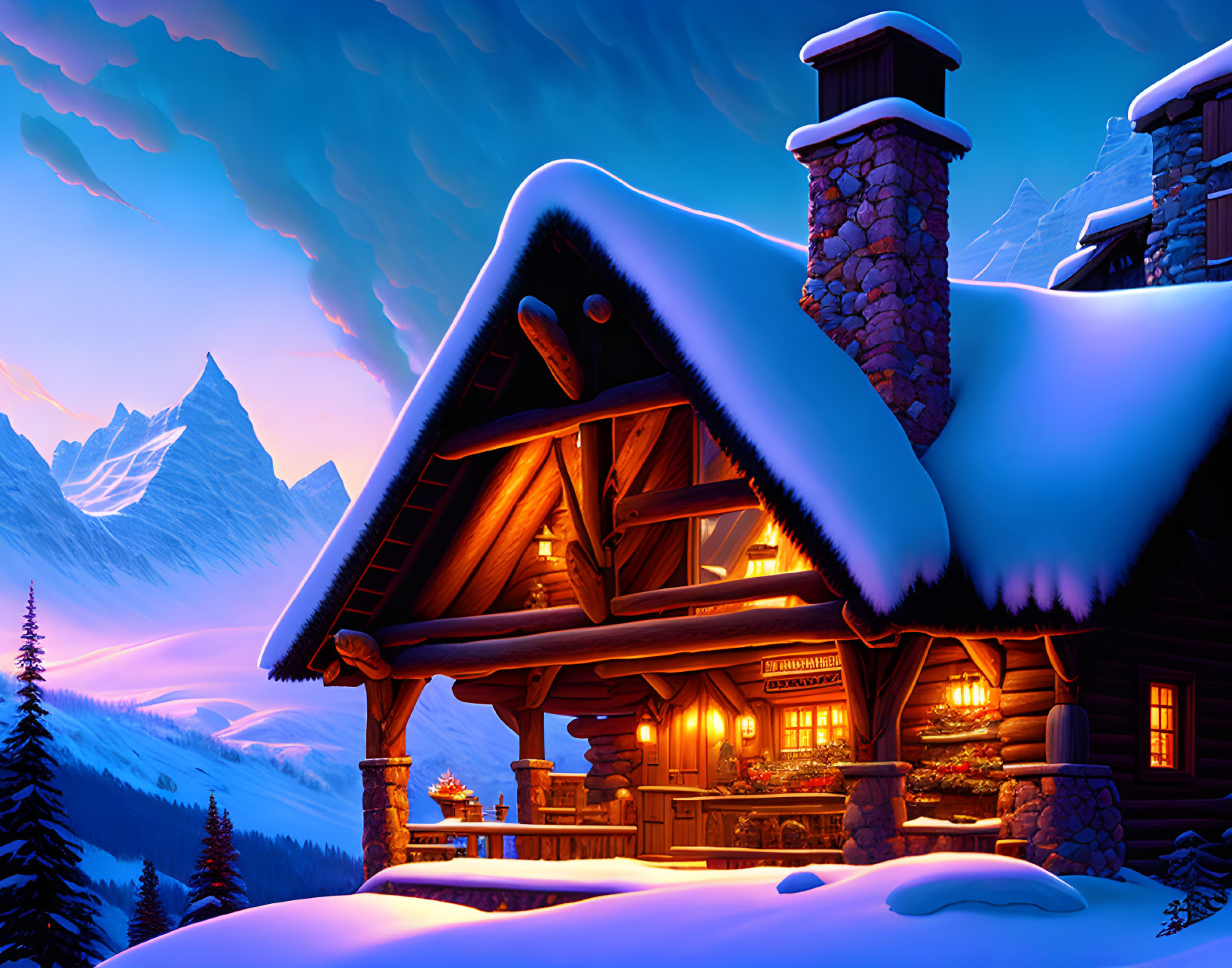 Snow-covered cabin with warm lights in twilight mountain setting