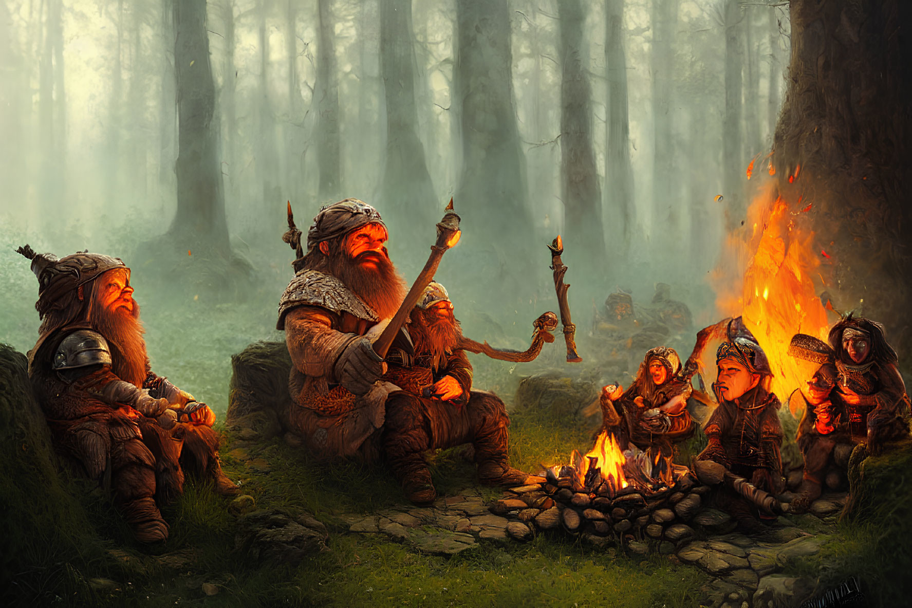 Dwarves resting by campfire in misty forest with standing dwarf holding staff