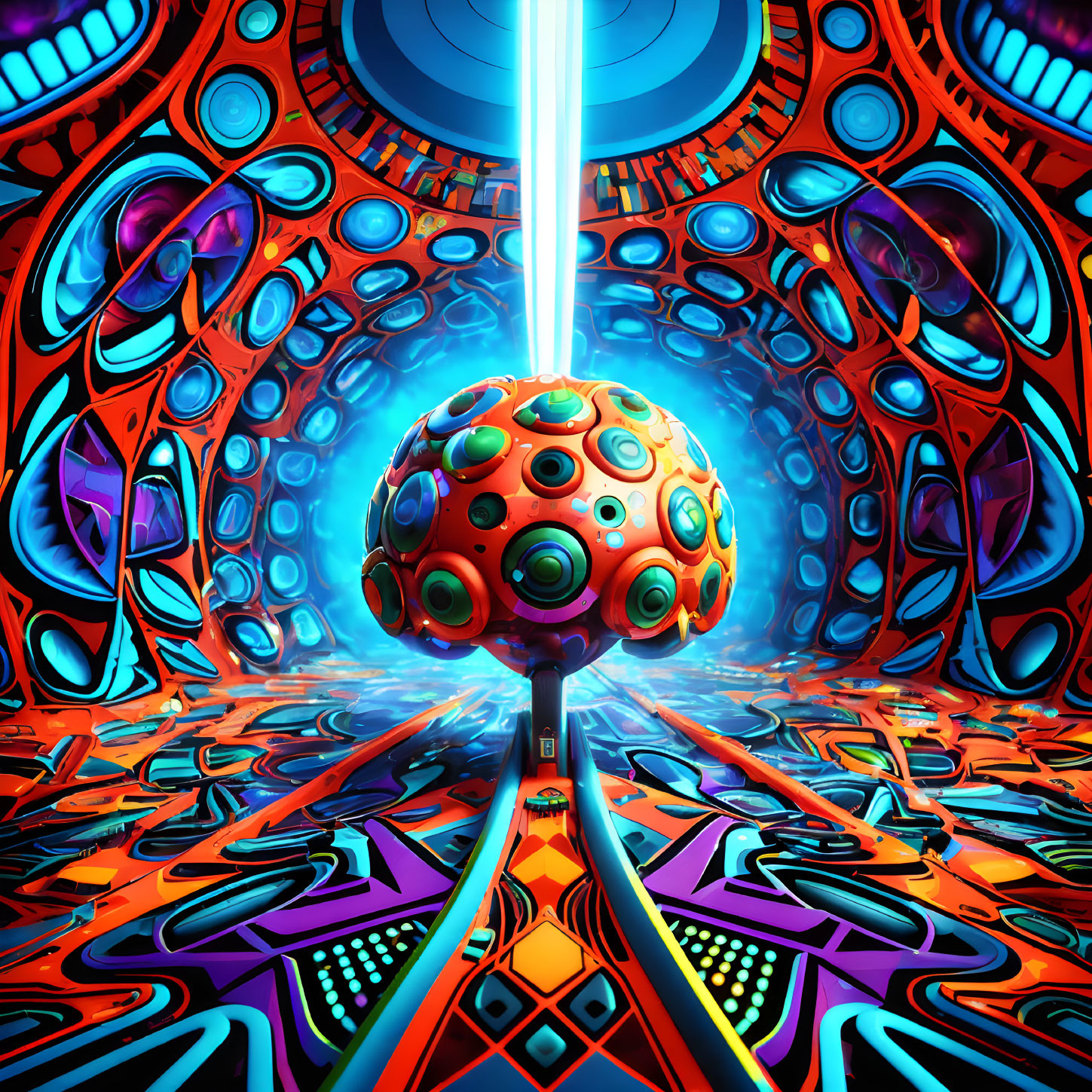 Colorful Psychedelic Orb Emitting Blue Light in Kaleidoscopic Tunnel