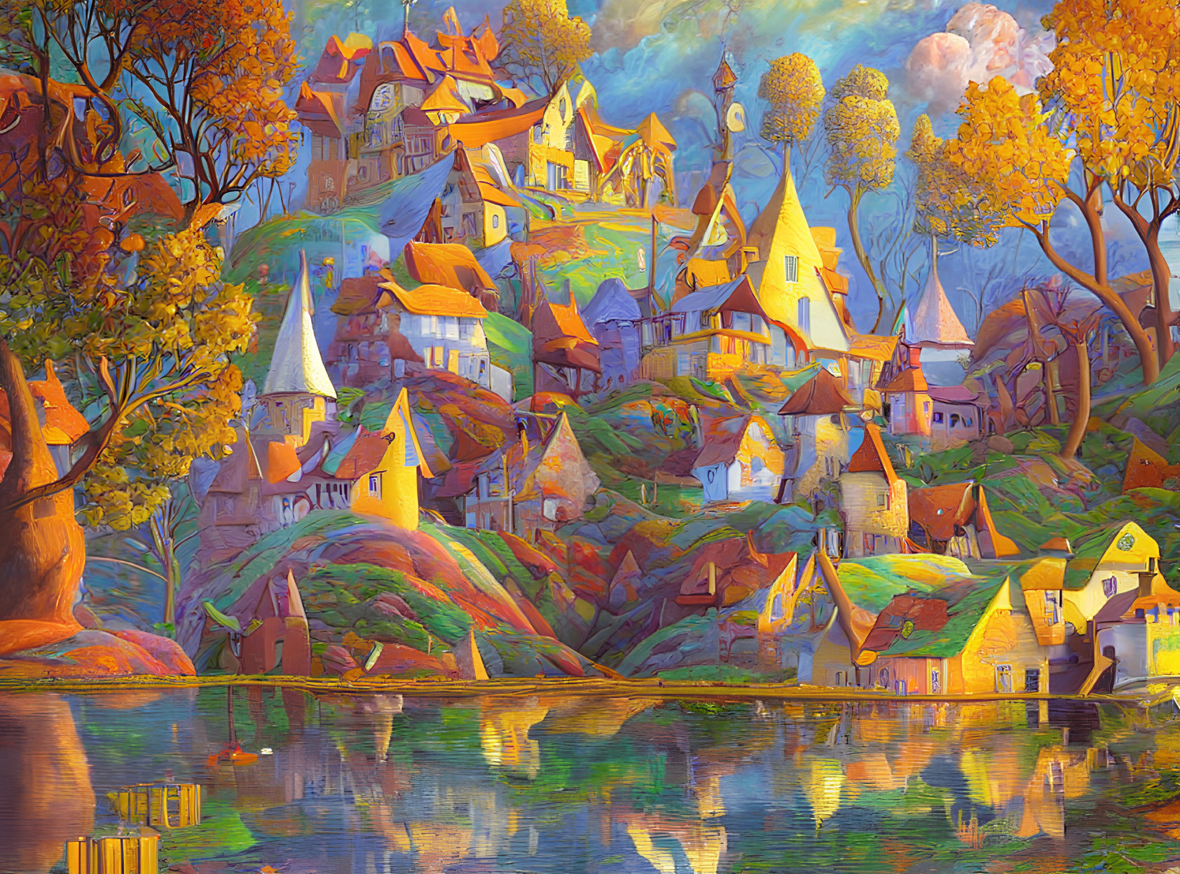 Colorful Stylized Village Painting with Autumnal Trees and Lake Reflection