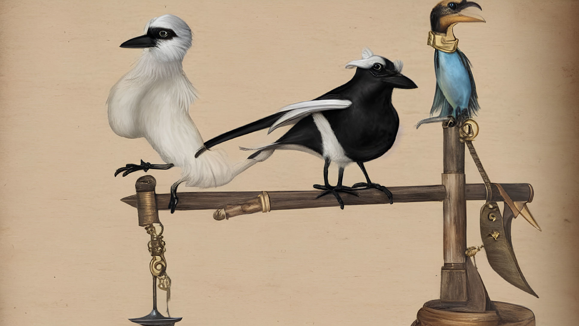 Stylized birds on wooden beam with brass weights and scales