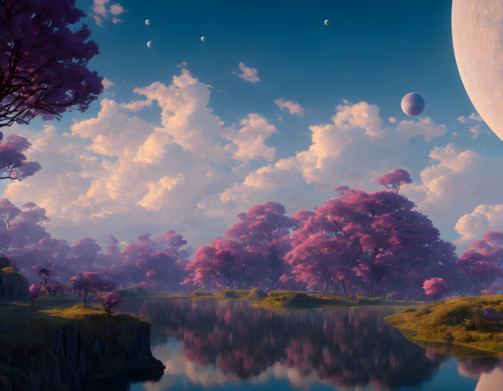 Pink trees, serene lake, two moons, distant planet in fantasy landscape