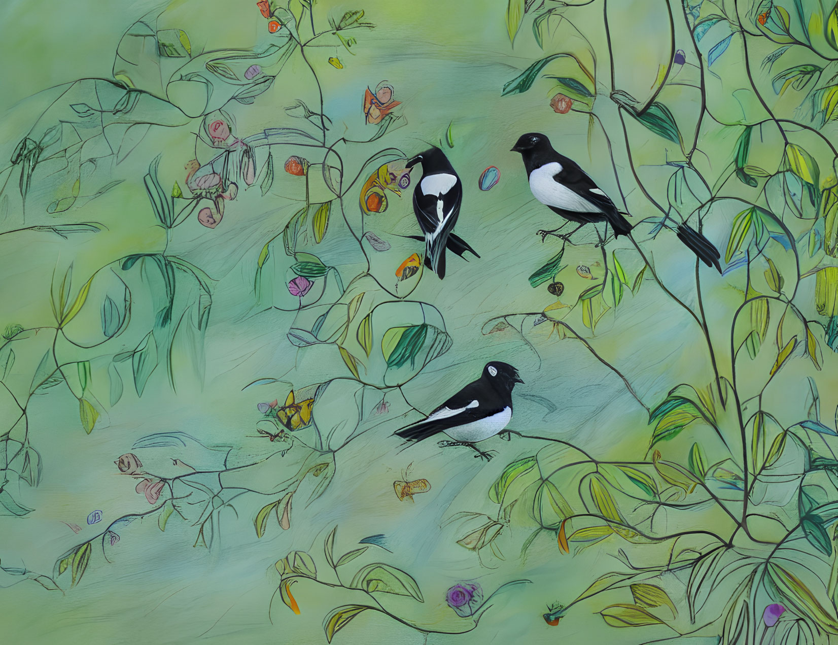 Monochrome Birds in Lush Green Foliage and Colorful Blooms