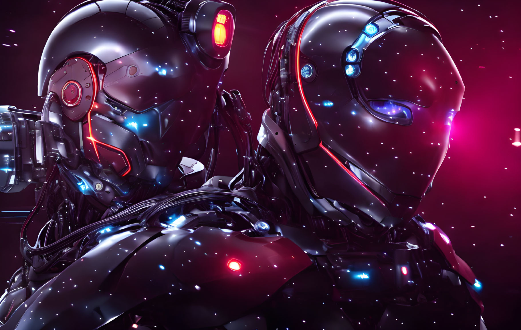 Futuristic robots with intricate designs in cosmic setting