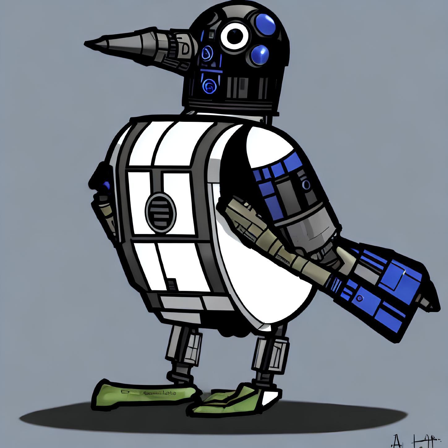 White and Blue Droid with Drill Nose and Pliers Hands Standing on Boots