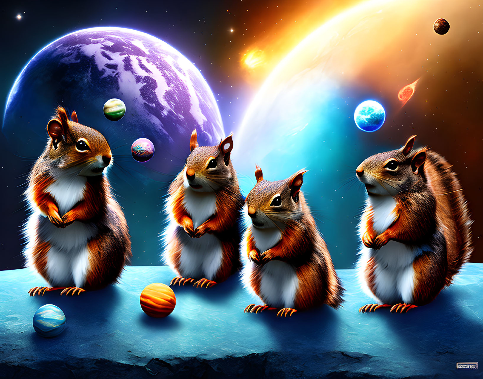 Four animated squirrels in space with colorful planets and comet.