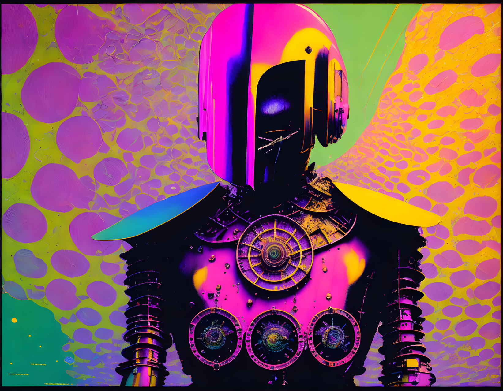 Vibrant futuristic robot with helmet and mechanical torso on colorful abstract backdrop