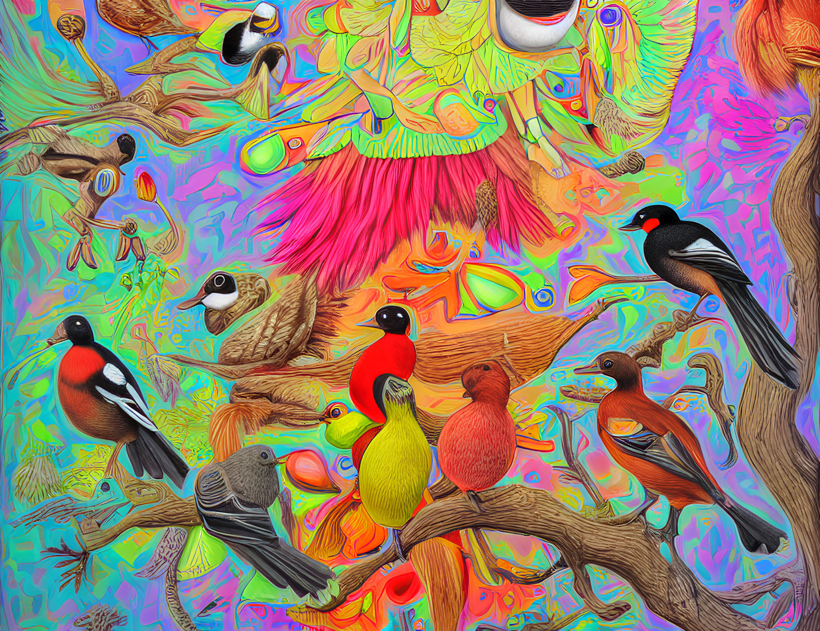 Colorful Psychedelic Bird Illustration on Branches