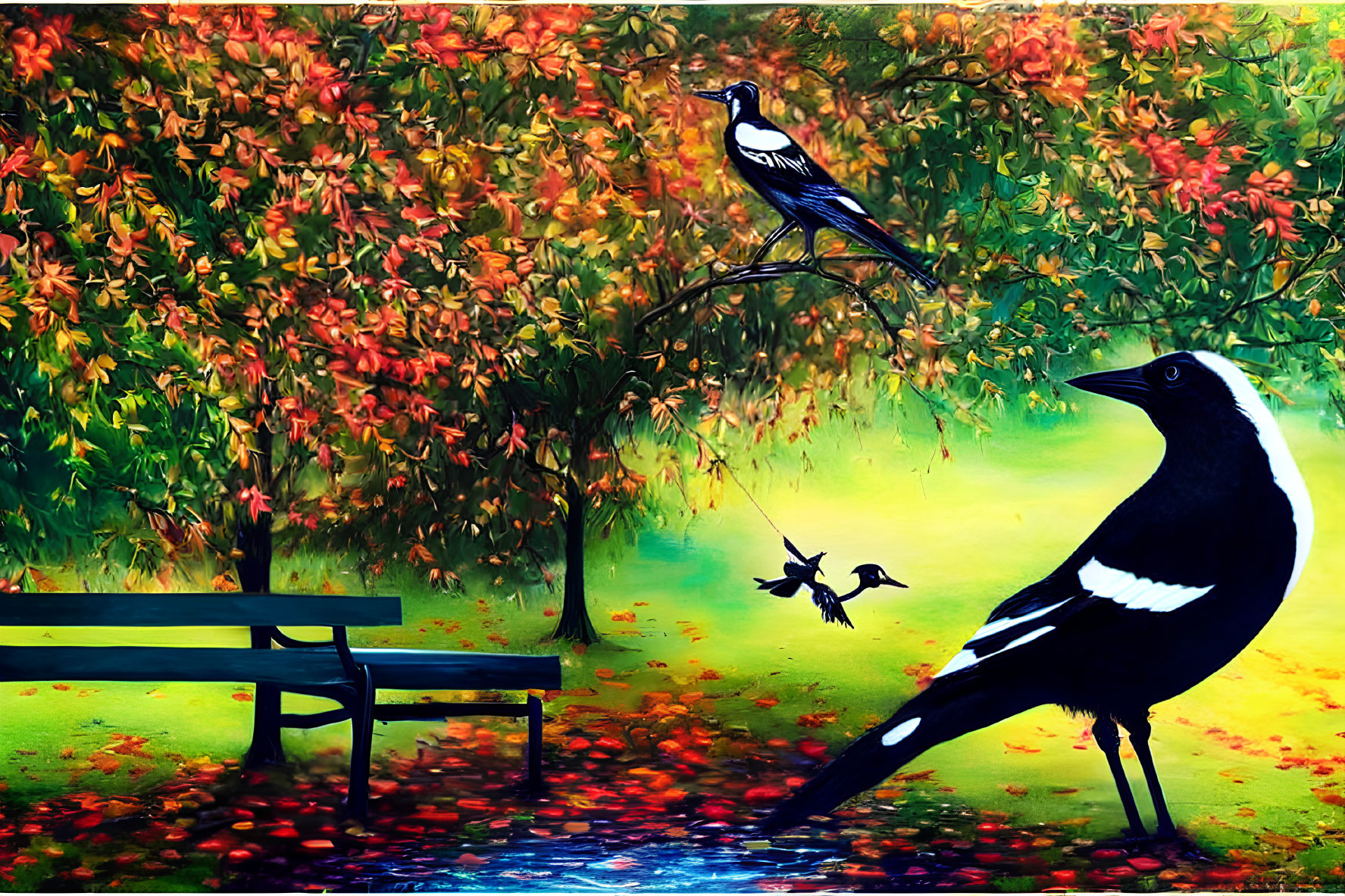 Colorful autumn park painting with magpie on bench and flying bird