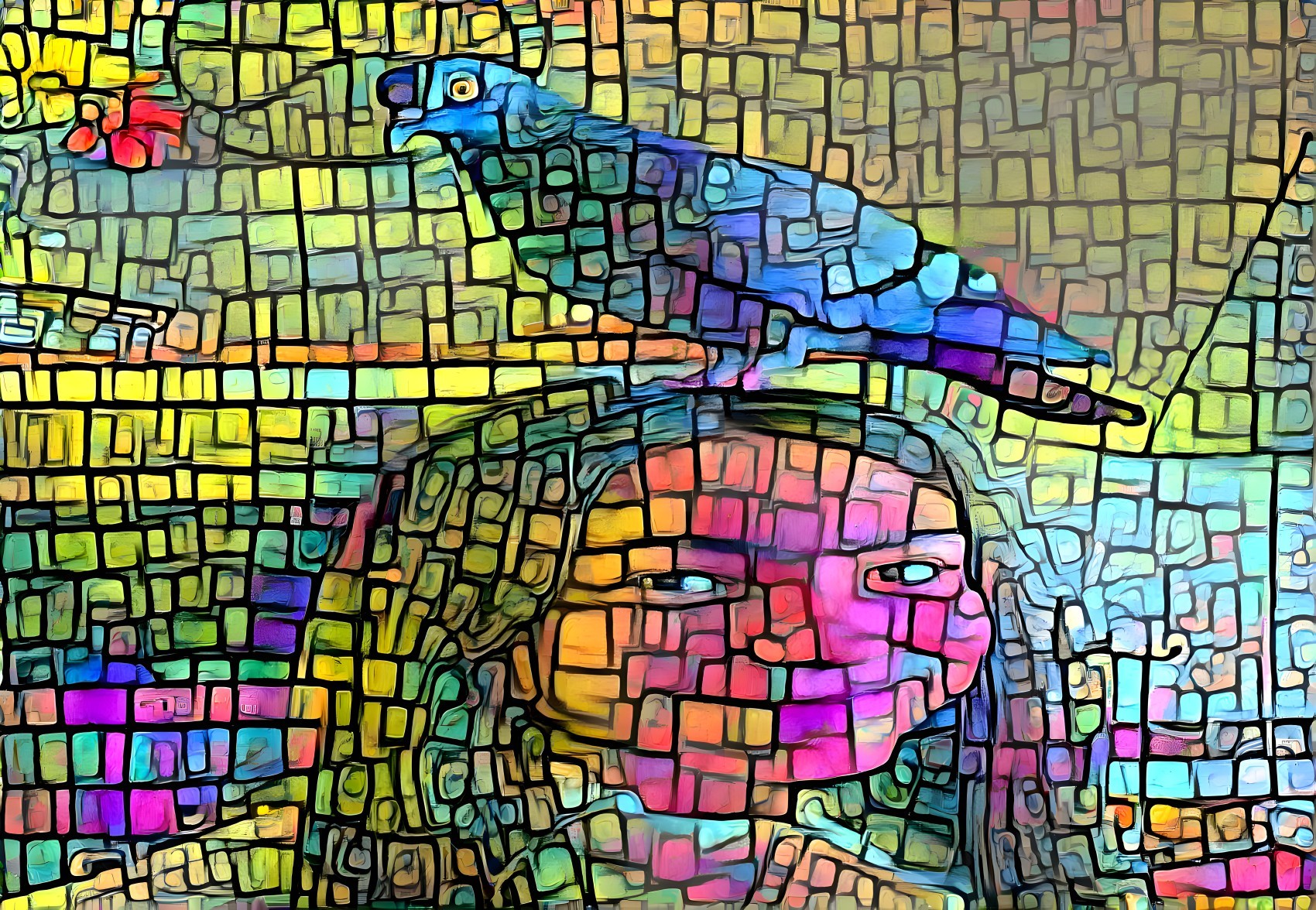 Abstract Portrait of Woman with Colorful Bird and Mosaic Background