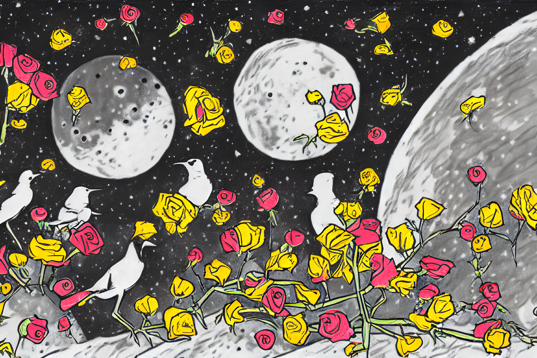 Whimsical white birds with roses in their beaks under starry sky