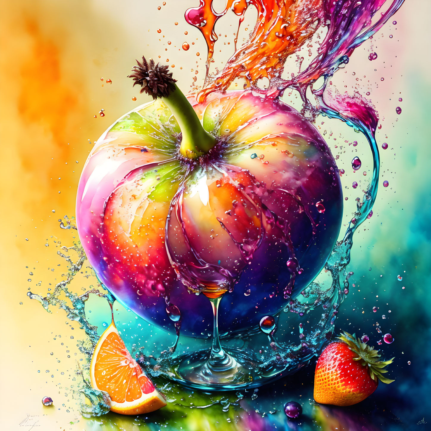 Colorful stylized artwork featuring apple, liquid splashes, orange, and strawberry.