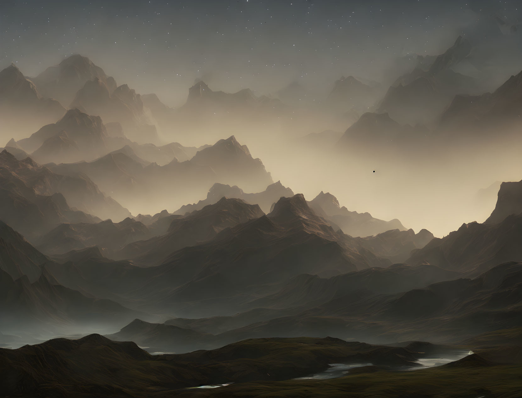 Misty Mountains Sunrise with Starry Sky & Flying Object