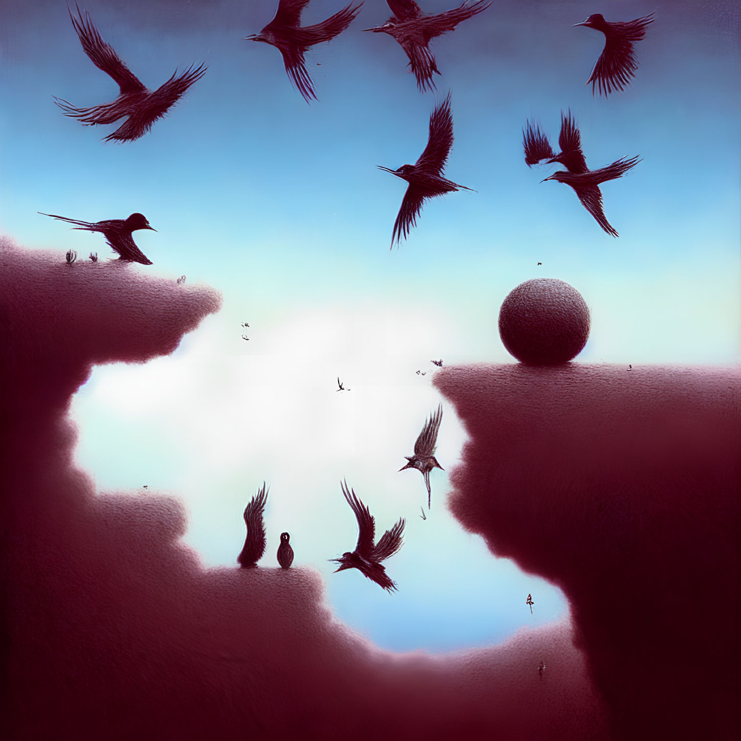 Silhouetted birds flying around sphere on cliff under blue sky