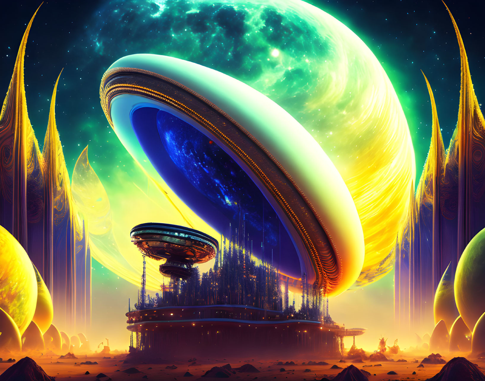 Futuristic sci-fi cityscape with ring-like structures and cosmic backdrop