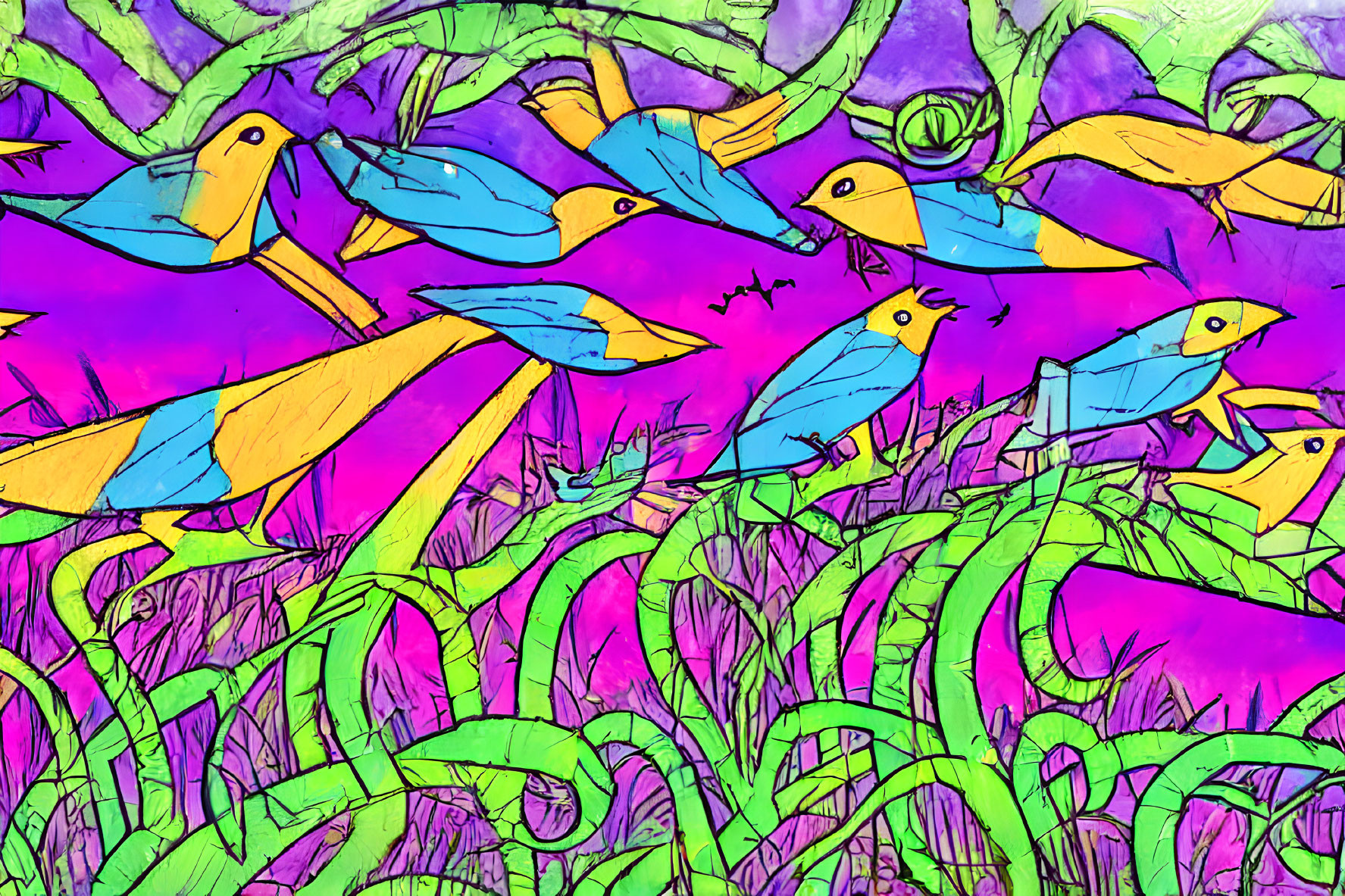 Colorful illustration of blue and yellow birds in flight over green foliage against a pink and purple sky