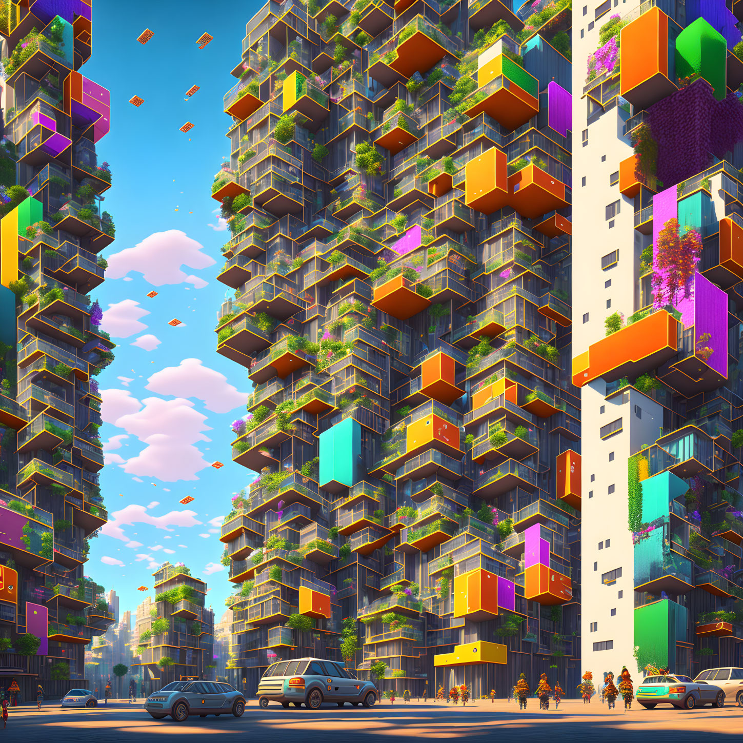 Colorful futuristic cityscape with modular high-rise buildings, pedestrians, and vehicle.