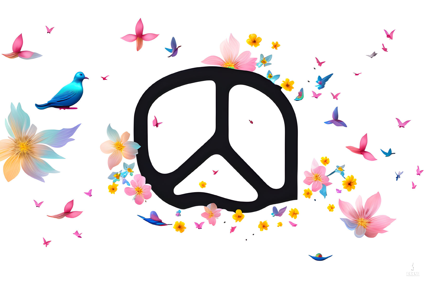 Colorful Peace Symbol Surrounded by Flowers and Birds