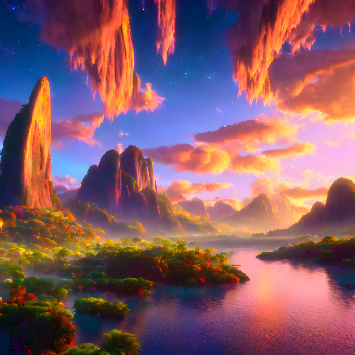 Fantasy landscape with floating islands, radiant sunrise, lush greenery, and serene river