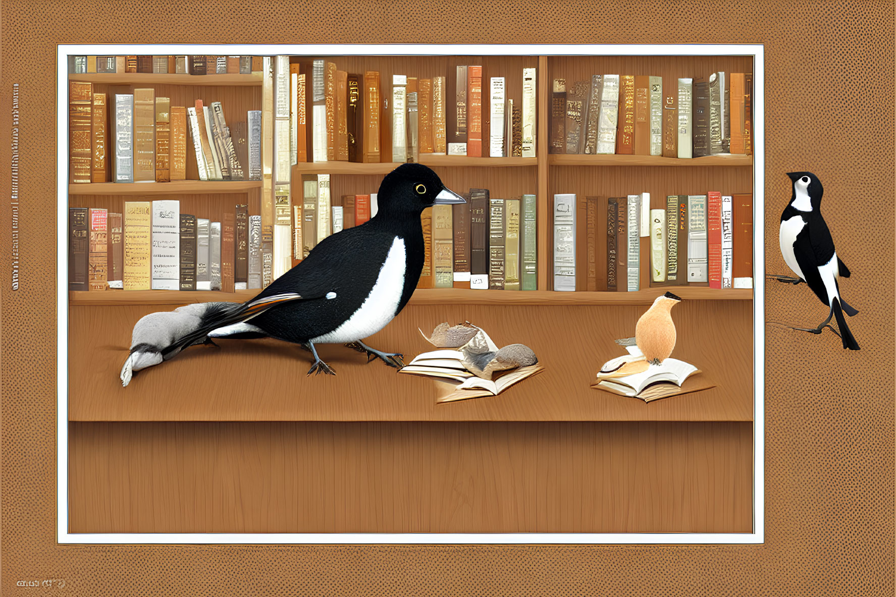 Whimsical digital artwork with magpie among bookshelves