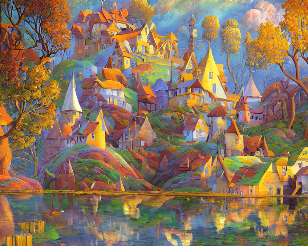 Colorful Stylized Village Painting with Autumnal Trees and Lake Reflection