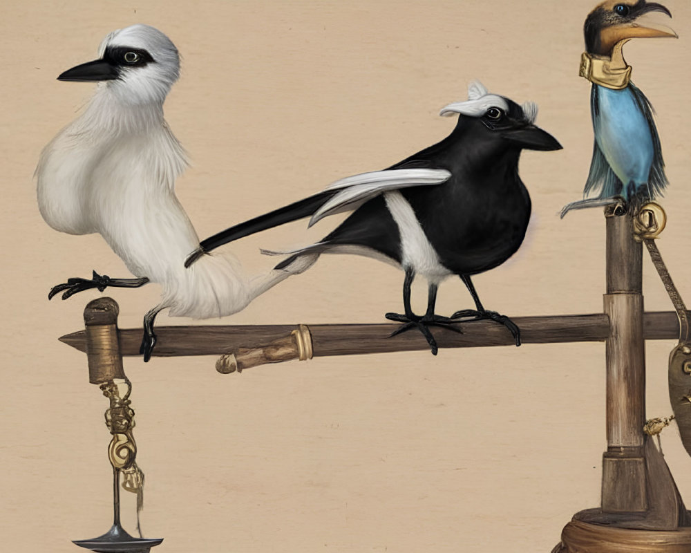 Stylized birds on wooden beam with brass weights and scales