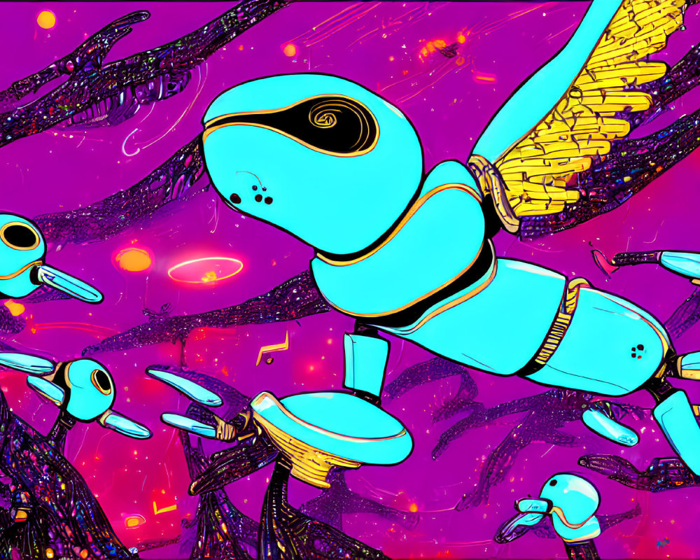 Colorful digital art: turquoise and yellow robotic insects with propeller wings on neon pink and purple backdrop