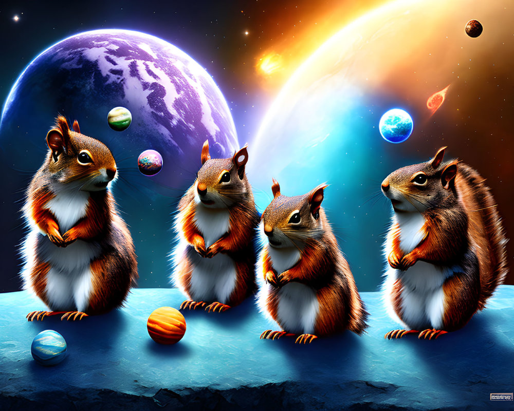 Four animated squirrels in space with colorful planets and comet.