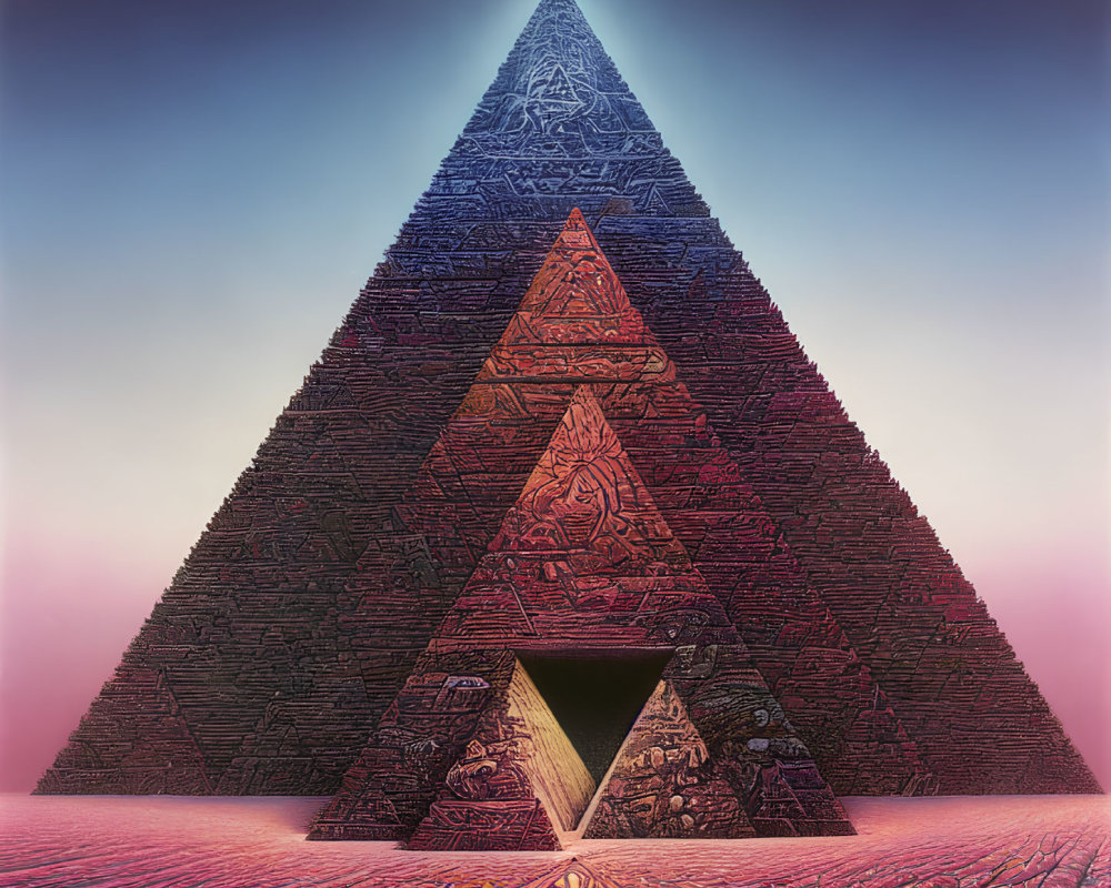 Mystical pyramid with textured doorway on luminous gradient background