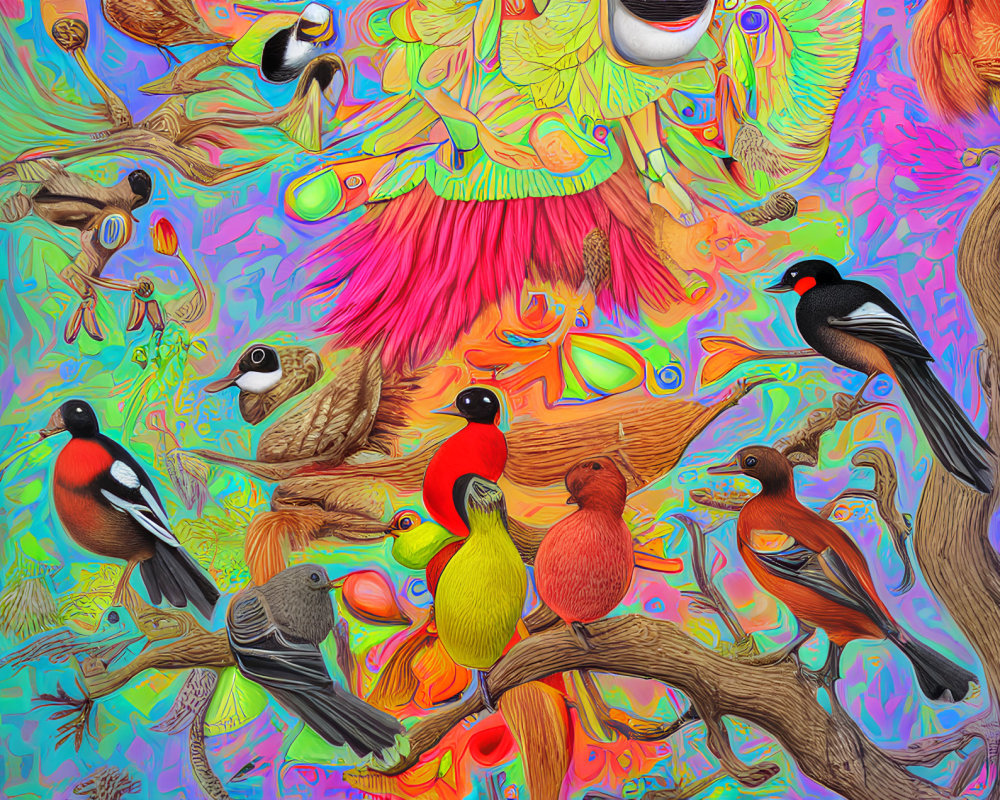 Colorful Psychedelic Bird Illustration on Branches