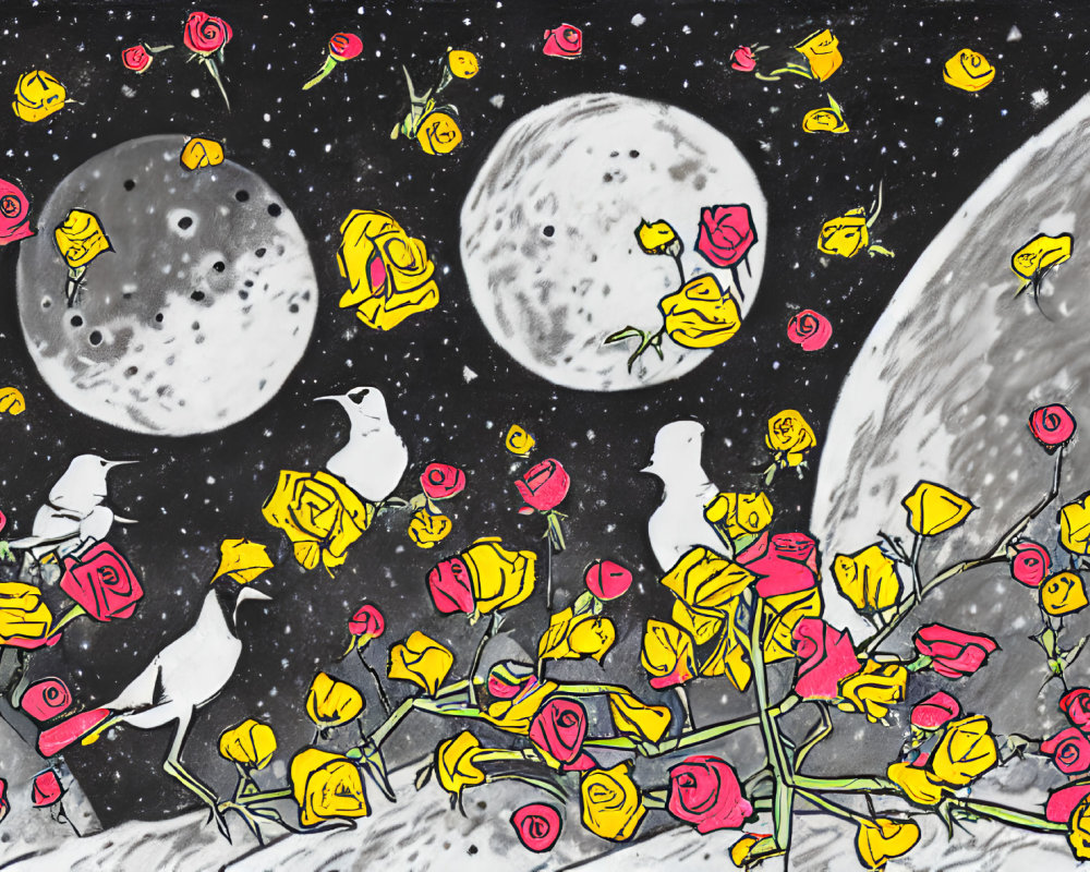 Whimsical white birds with roses in their beaks under starry sky