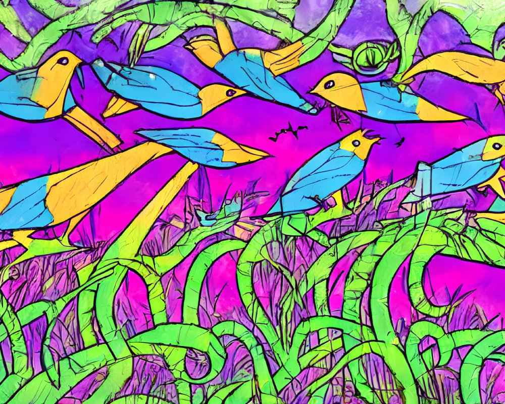 Colorful illustration of blue and yellow birds in flight over green foliage against a pink and purple sky