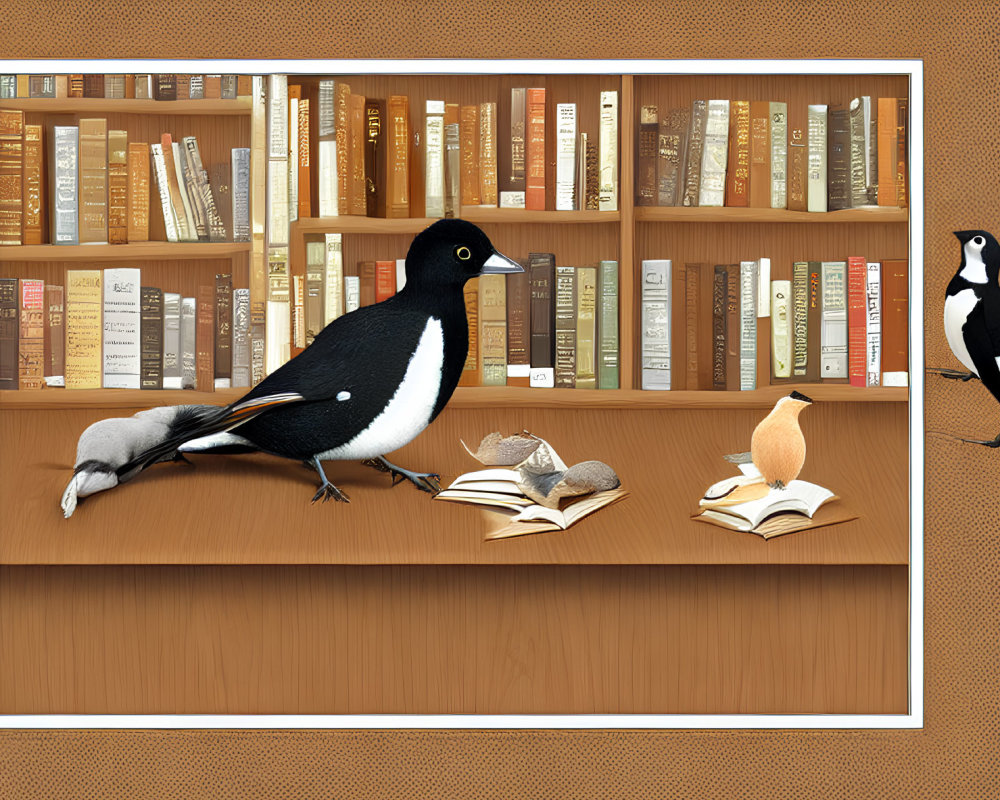 Whimsical digital artwork with magpie among bookshelves